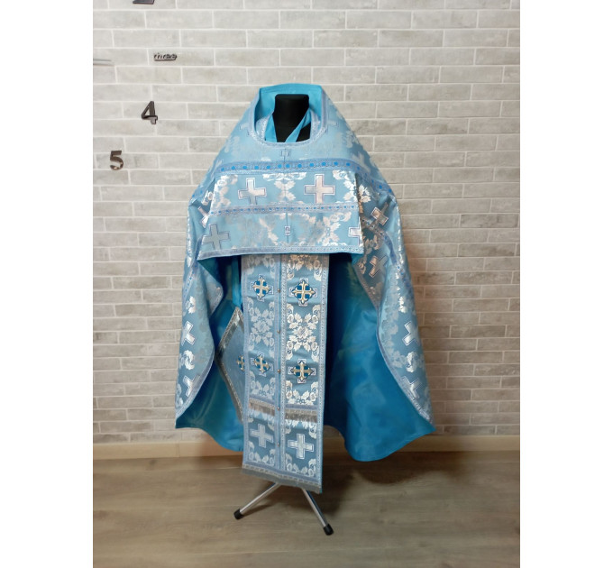 Blue Slavic style vestments in brocade - Priest vestments - Clothes for priests - Liturgical vestments - Liturgical garments
