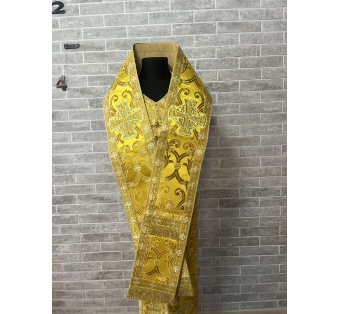 Bishop's Communion set in yellow brocade - Bishop Stole and cuffs in brocade - Bishop set - Small omophorion - Epitrakhilion and cuffs