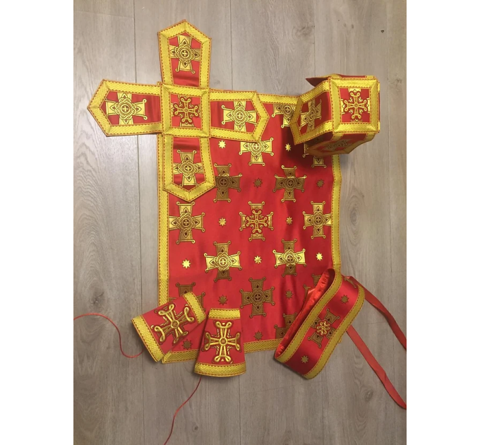 Red cross brocade vestment in Greek style - Liturgical priest vestment set
