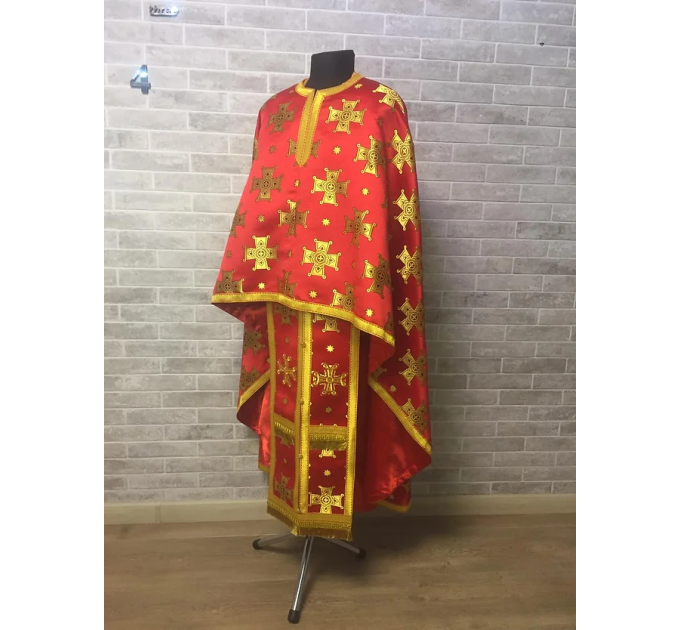 Red cross brocade vestment in Greek style - Liturgical priest vestment set