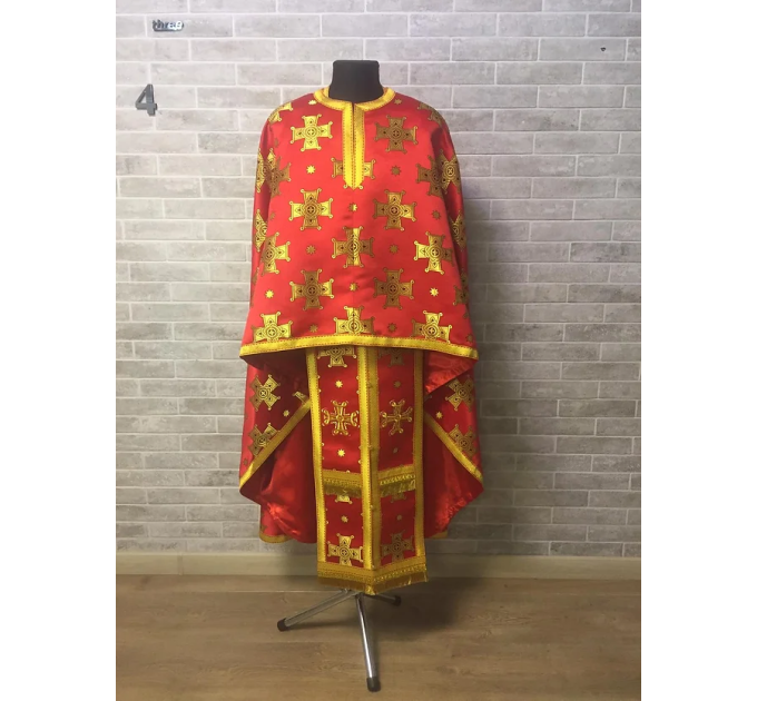 Red cross brocade vestment in Greek style - Liturgical priest vestment set