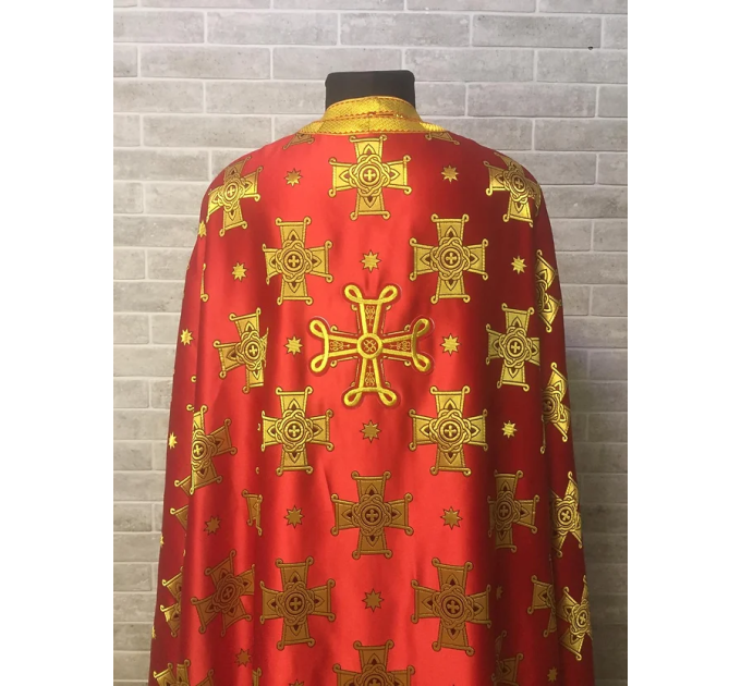 Red cross brocade vestment in Greek style - Liturgical priest vestment set