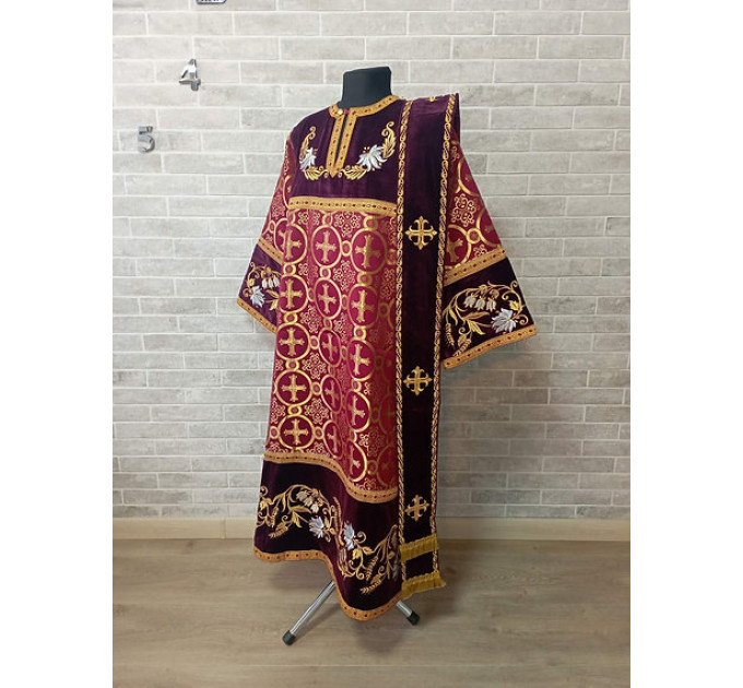 Combined velvet and brocade Deacon's vestments set - Deacon's alb - Orthodox