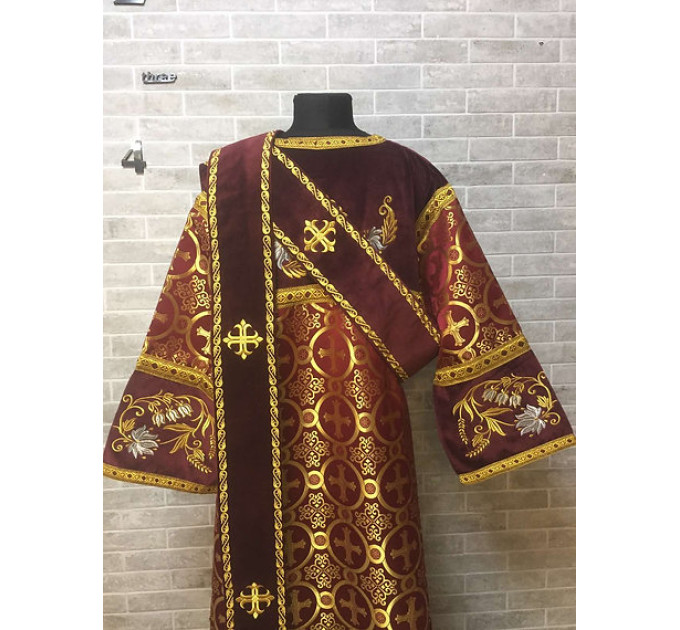 Combined velvet and brocade Deacon's vestments set - Deacon's alb - Orthodox